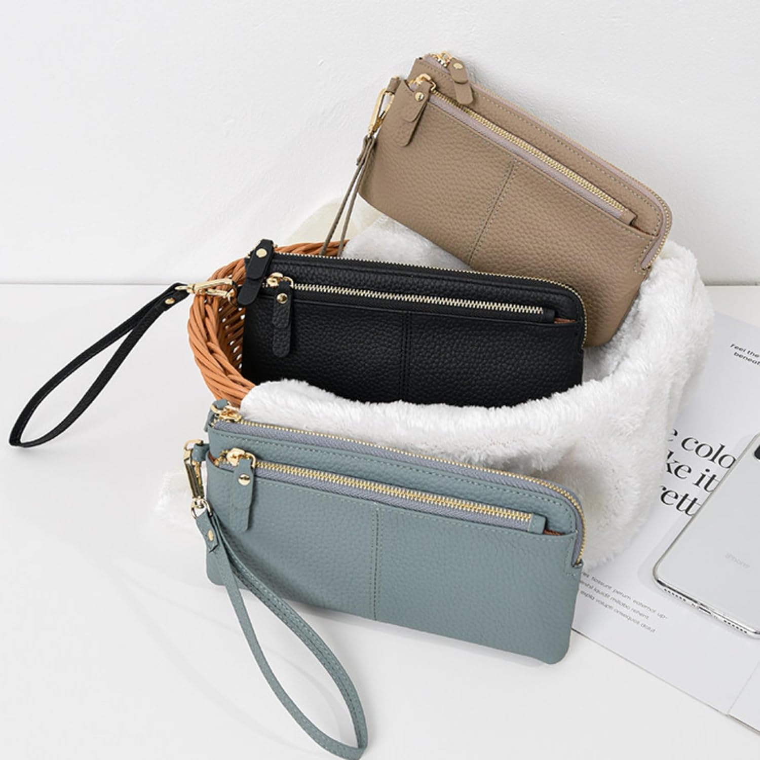 Genuine Leather Wristlet Wallets for Women, RFID Blocking Small Phone Wristlet Clutch Purse with Strap for Daily Use | 3 separate pockets
