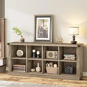 GarveeHome 8 Cube Storage Organizer Bookshelf, Farmhouse Horizontal Bookcase, 62 Inch Wood Storage Bookcase for Entryway, Long Low Bookshelves for Living Room (Grey, 8 Cube)