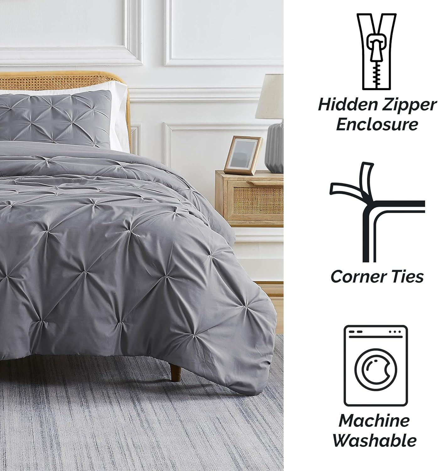Southshore Fine Living, Inc. Pinch Pleated Pintuck Duvet Cover Bedding Set with Zipper and Corner Ties, Soft Cozy 2-Piece Bedspread with One Matching Sham, Machine Washable, Twin/Twin XL, Slate
