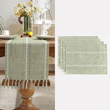 Wracra Homes Value Pack - Sage Green Hemstitch Table Runner and Placemat Set; Cotton Linen Farmhouse Table Runner 13 x 36 in and 4 Placemat 12 x 18Inch; 5 pcs in Total
