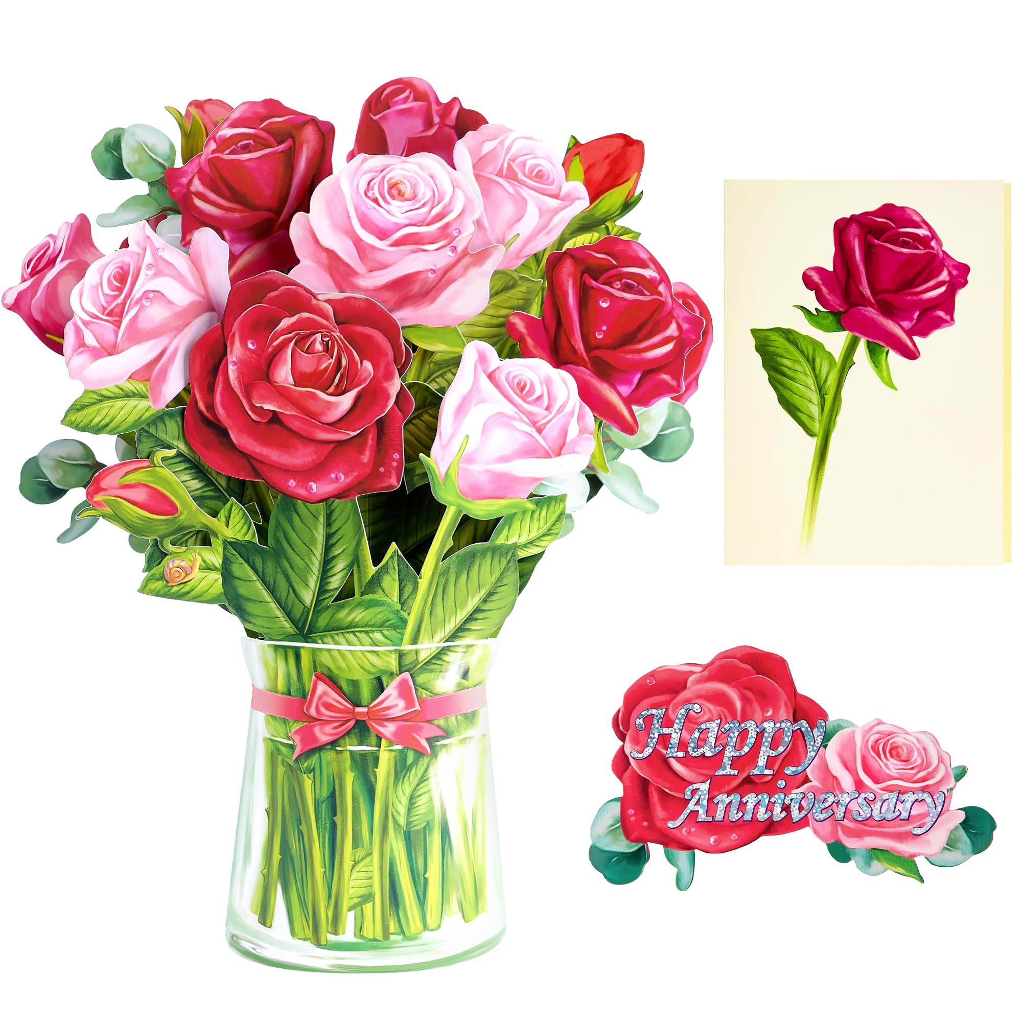 Pop Up Anniversary Card, 12 inch Roses Paper Flower Bouquet 3D Popup Greeting Cards with Note Card & Envelope, Anniversary Cards for Women Men Husband Wife Couple Valentine's Card