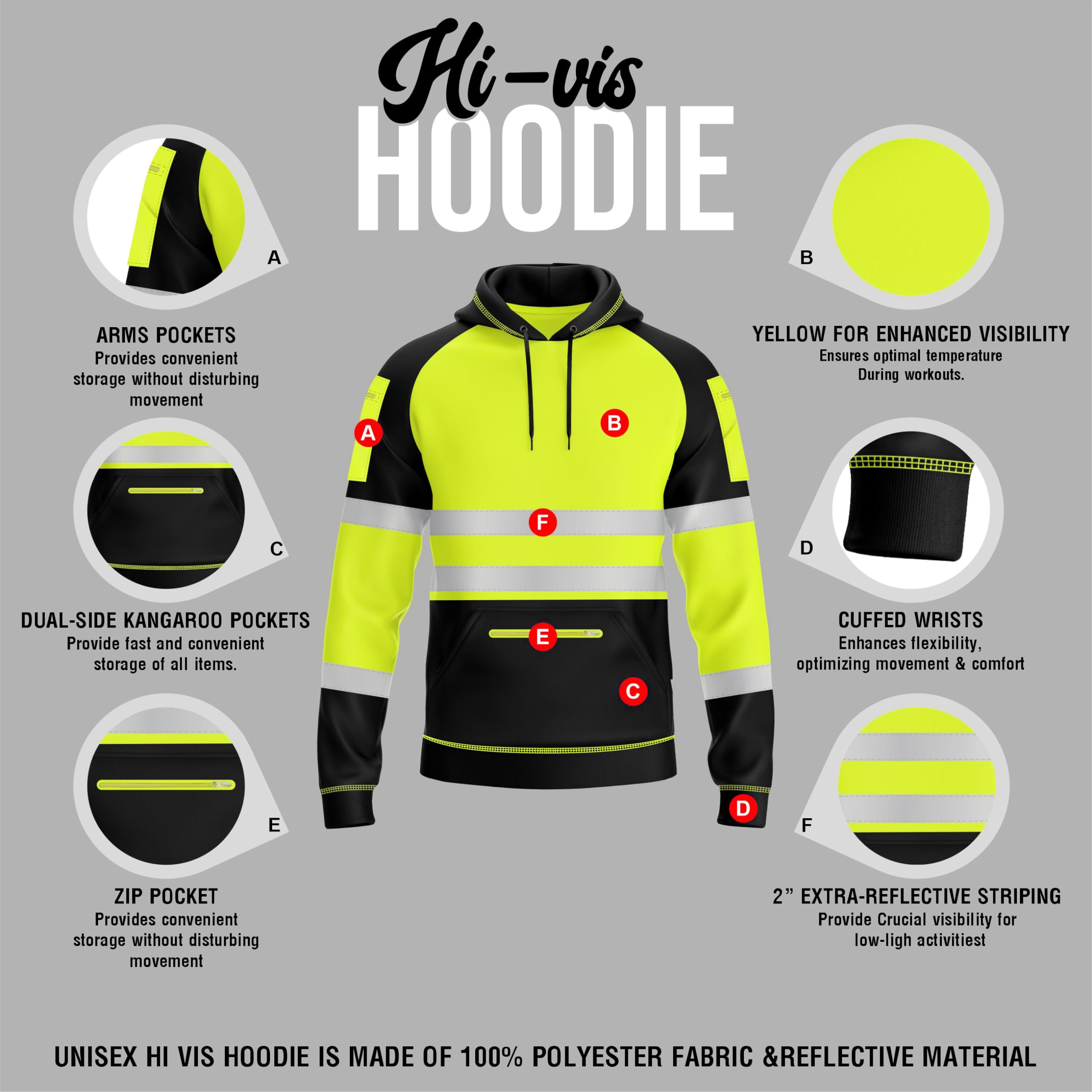 Mens Hi Vis 2 Tone Yellow Orange Sweatshirt Reflective Tape Band 3 Zips Patched Pull Over Security Work Wear Hoodie S-2XL