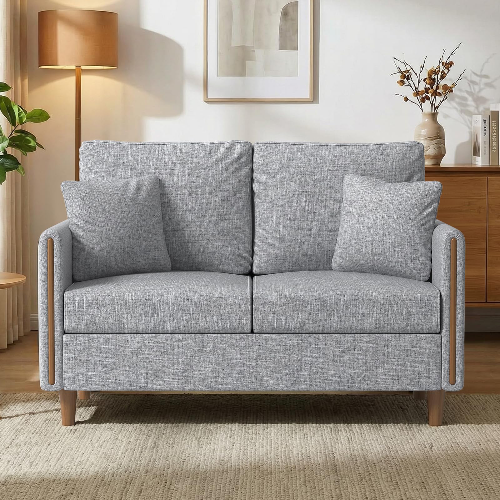 Sofa 2 Sitzer Kleine Couch mit Armlehne, 2 Zierkissen, 127 x 71 x 87 cm Zweisitzer Sofa Modern, Loveseat, Stoffsofa für Wohnzimmer, Schlafzimmer, Wohnung, Büro, Wohnung Einfache Montage