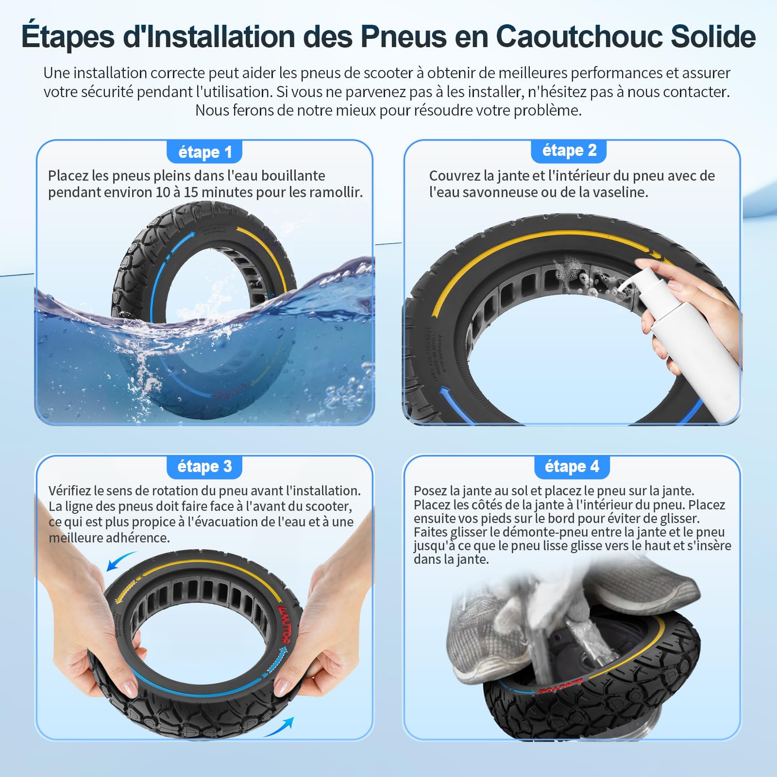 Lot de 2 pneus pleins en caoutchouc 10" - 250 x 54 - Pneus de rechange pour scooter électrique - Anti-crevaison - Largeur de fente : 36 mm - Pour roues d'une largeur de 34 à 36 mm (2 pièces)