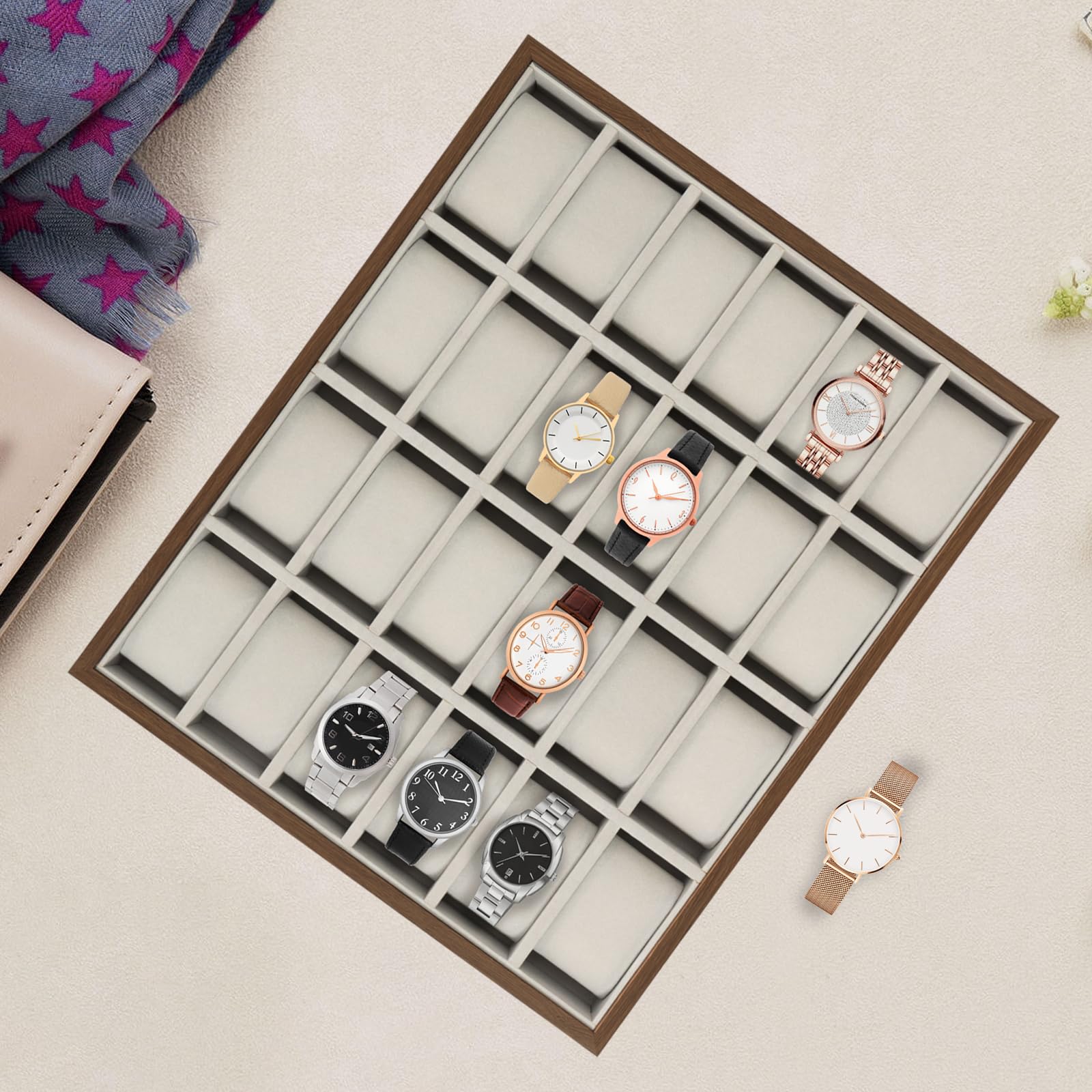 Caja de reloj con 24 compartimentos, caja de almacenamiento para joyas, organizador de almacenamiento, bandeja de madera, caja de exhibición de madera, para uso personal, exhibiciones de