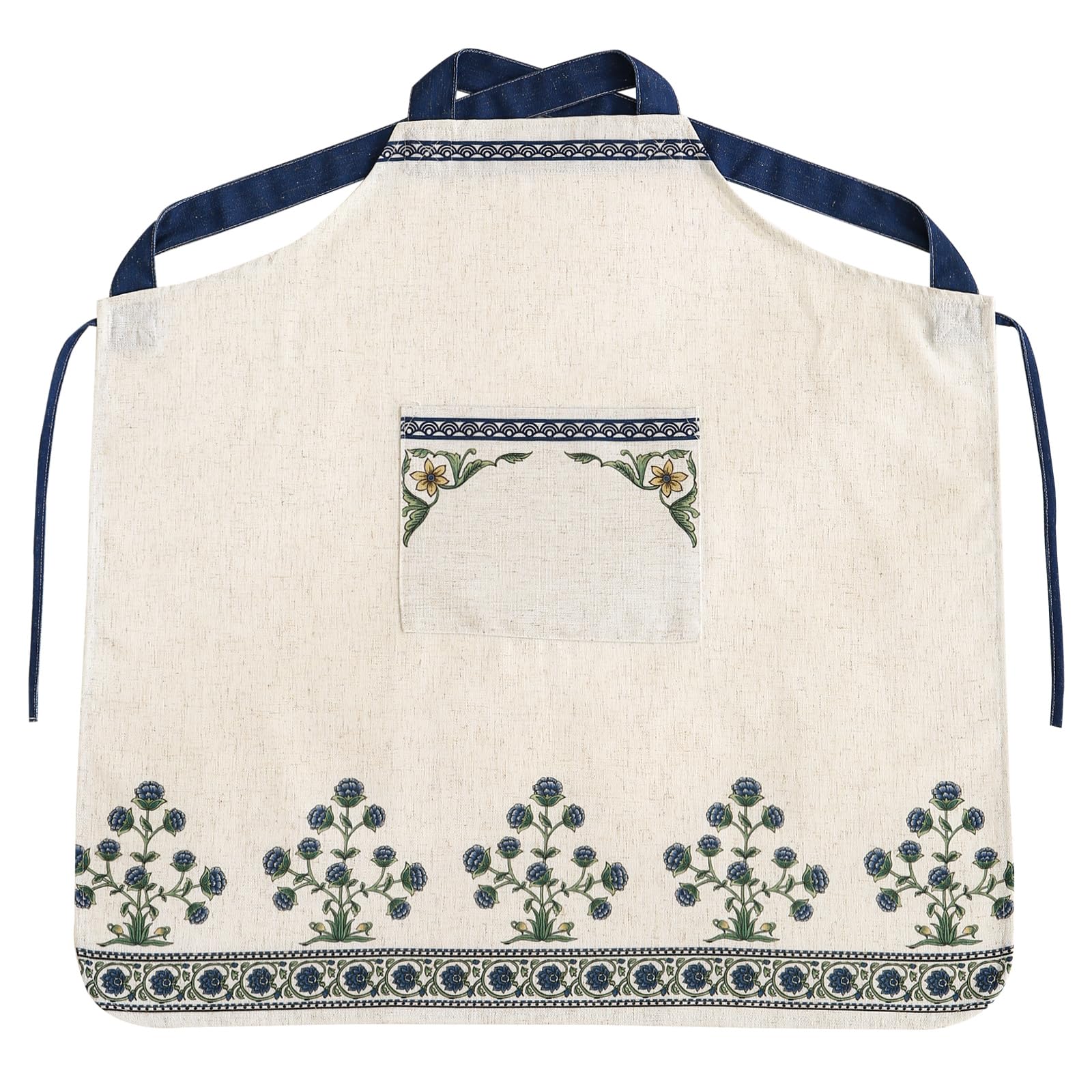 patdrea Blue Floral Linen Apron with Pocket,French Kitchen Garden Chef BBQ Aprons for Women and Men,Crisscross Back Straps
