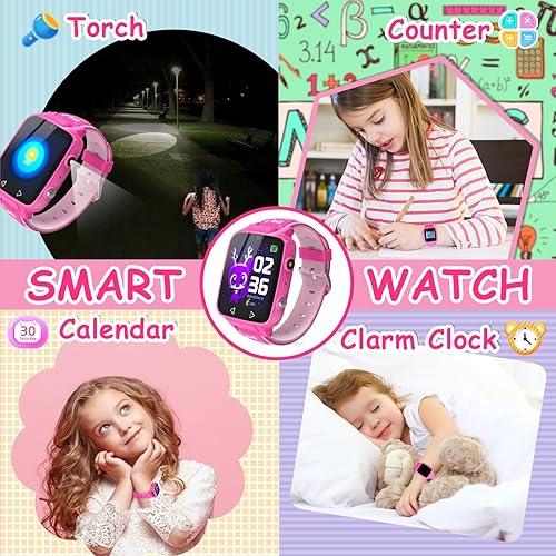 Miniatura 5 de Reloj inteligente para niñas con 25 juegos de rompecabezas, calculadora de video, pantalla táctil HD, reloj despertador, podómetro, relojes para