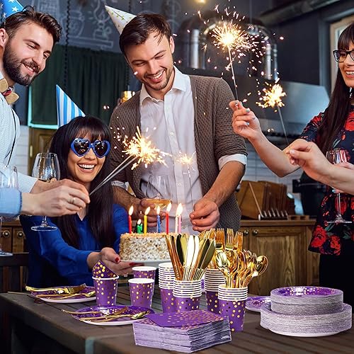 Miniatura 6 de Sieral 560 platos de fiesta morados y dorados para 80 invitados, juego de vajilla desechable, platos de papel de postre con servilletas moradas,