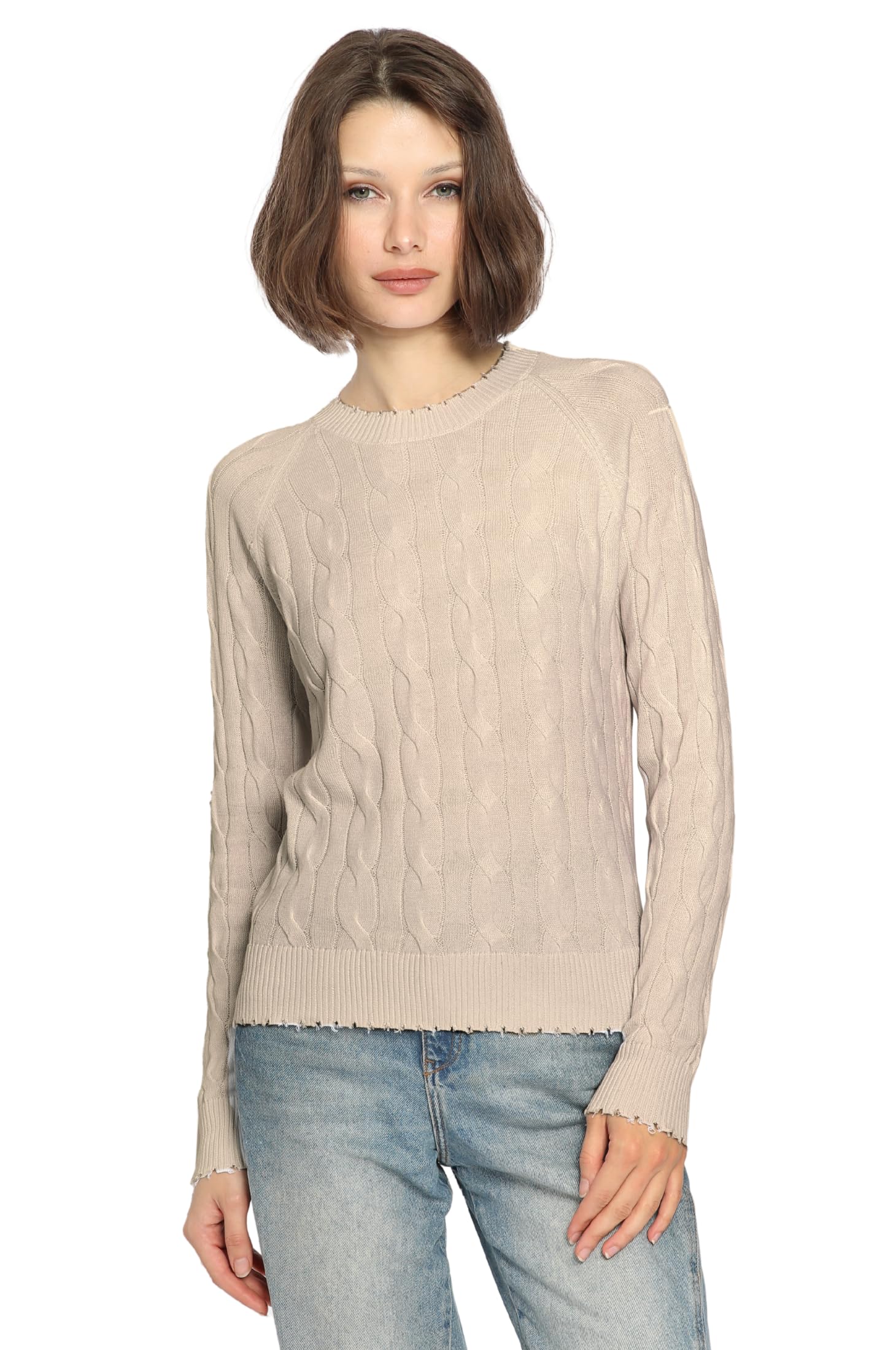 Minnie Rose Womens Long Sleeve Crewneck Cable Cotton Frayed Sweater