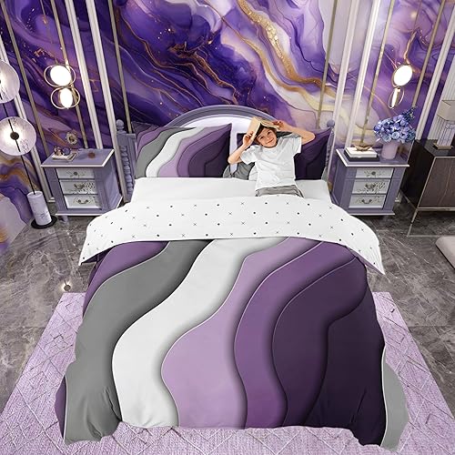 Miniatura 55 de Funda de edredón abstracta de color negro y morado, tamaño Queen, funda de edredón de geometría moderna con 2 fundas de almohada para adolescentes