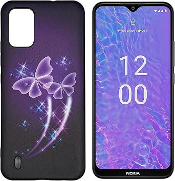 PT Slim TPU Flexible Cover Cell Phone Case Accessories Compatible for Nokia C210 TA-1584 + Gift Stand Purple Butterfly