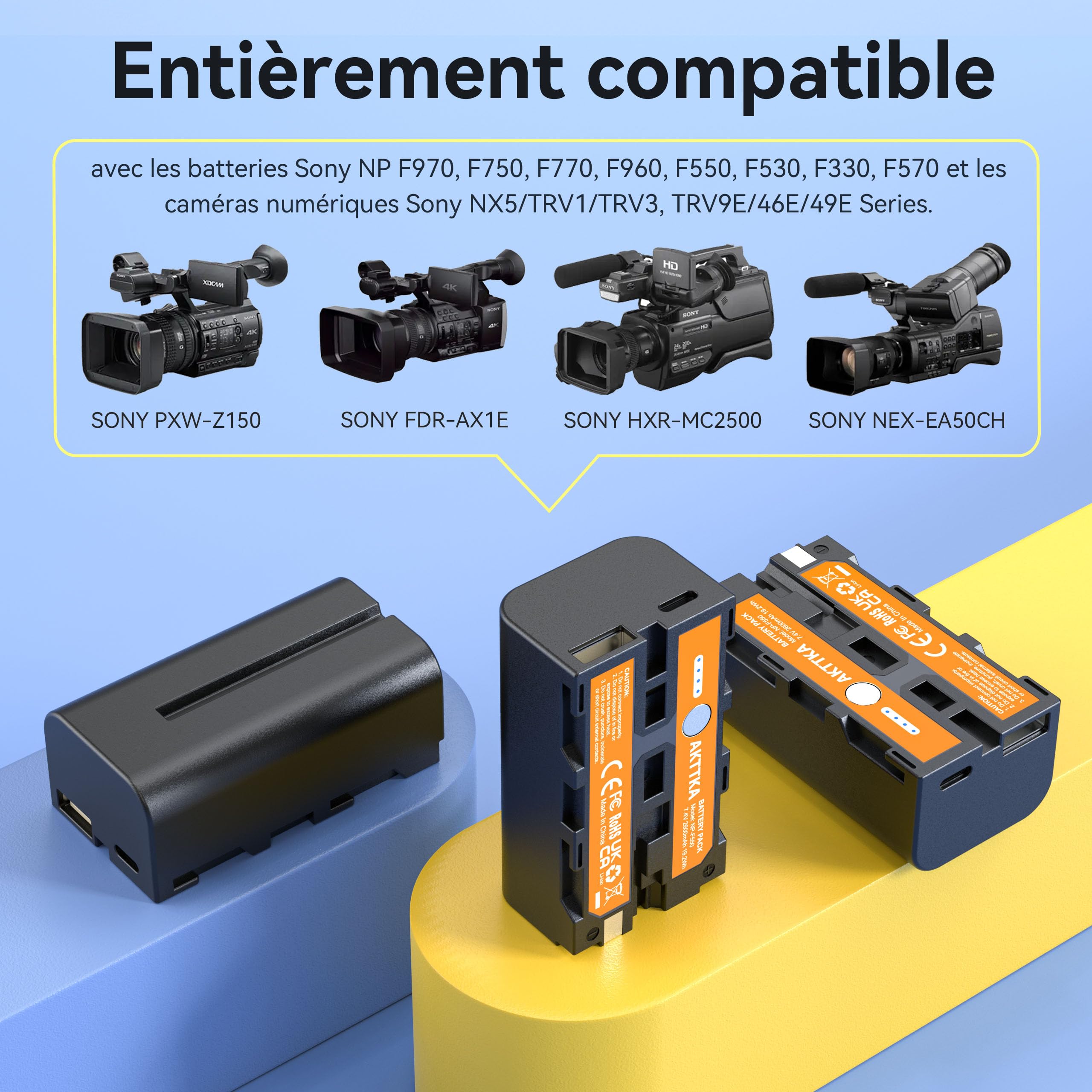 Batterie NP-F550 (3PCS) - Fonction de Power Bank Prise en Charge - 2600mAh à Grande Capacité avec Interface USB-C - Adaptée pour Sony NP-F550 F570 F750 F770 F930 F950 F960 F970