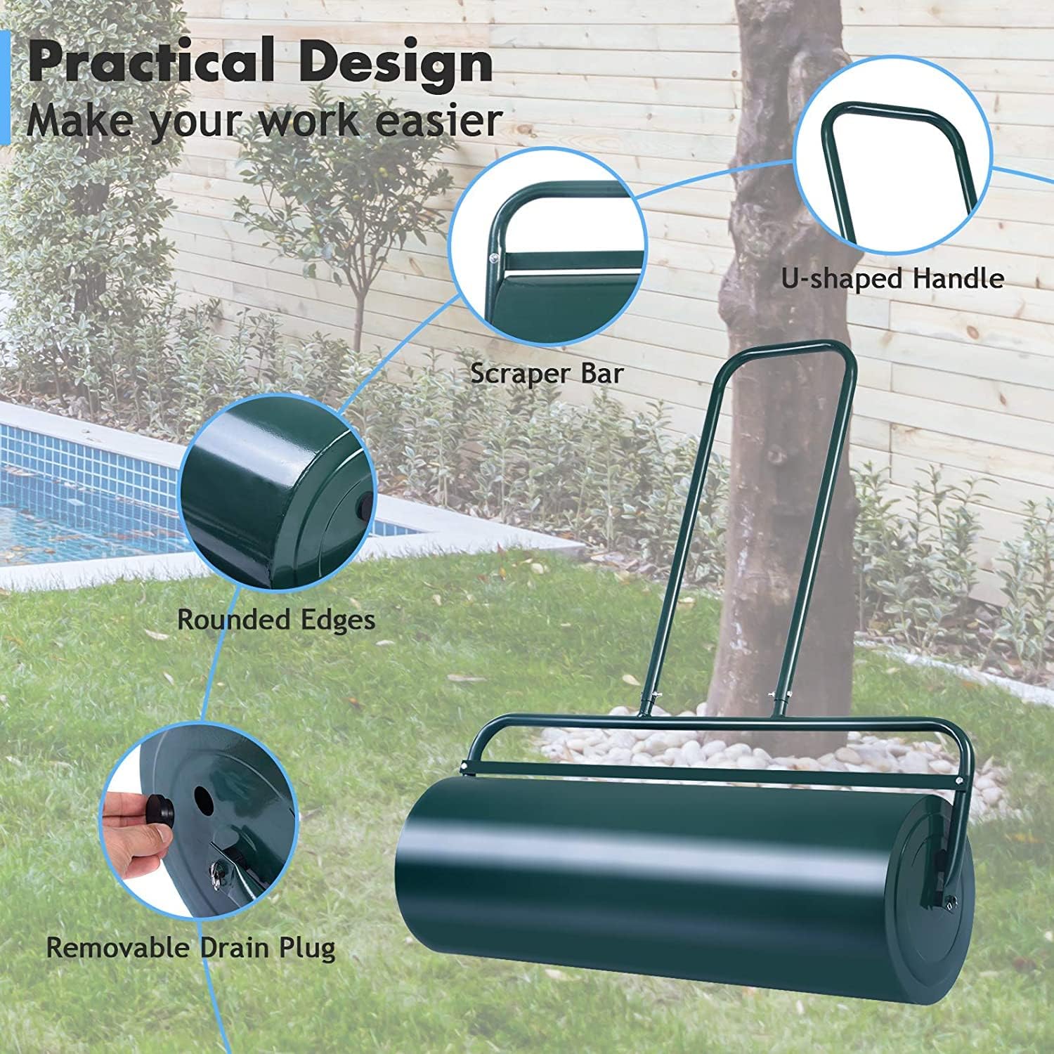 Lawn Roller, 13/17 Gallons Push/Tow Behind Sod Roller w/Ergonomic Handle, Water & Sand Filled Garden Drum Roller for Park, Garden, Yard, Ball Field (17 Gal / 36'')