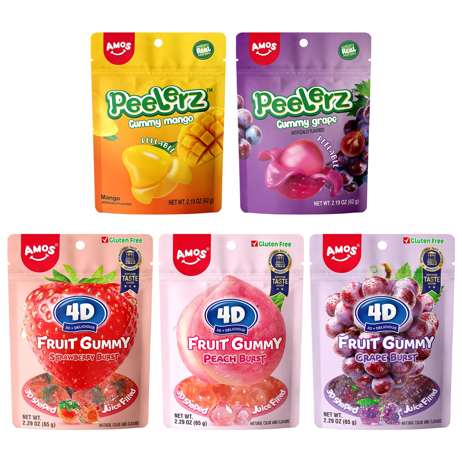 AMOS Peelerz & Fruit Burst Variety Pack – 5 Individual Packs (2 Peelerz: Mango, Grape + 3 Fruit Burst: Peach, Strawberry, Grape)
