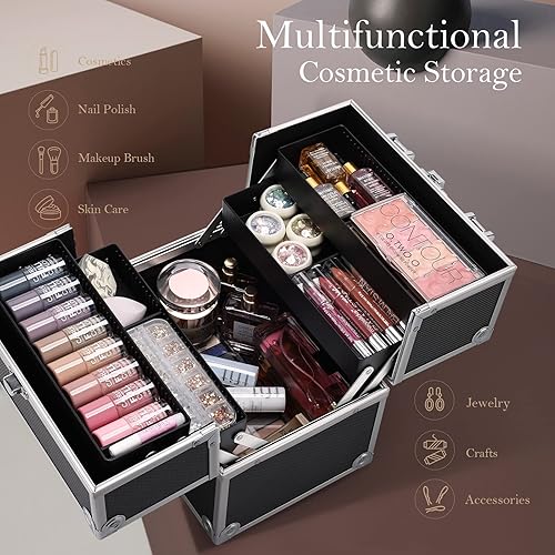 Miniatura 3 de Frenessa Estuche de tren de maquillaje, estuche organizador de cosméticos, caja de almacenamiento de maquillaje profesional, 4 bandejas con divisor