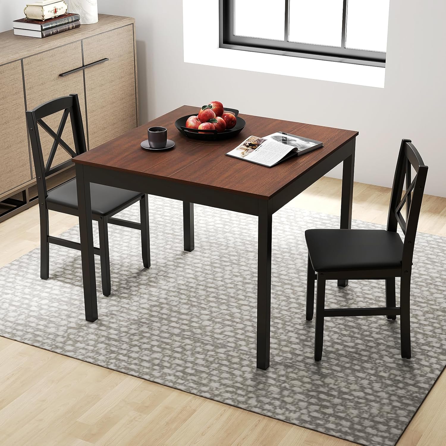 GOFLAME 3-Piece Dining Table Set for 2, Wooden Square Kitchen Table with 2 Upholstered Chairs, Space-Saving Dining Room Furniture Set for Dining Room, Breakfast Nook, Small Space, Brown & Black image 7 of 9 B0DZPBK8C2