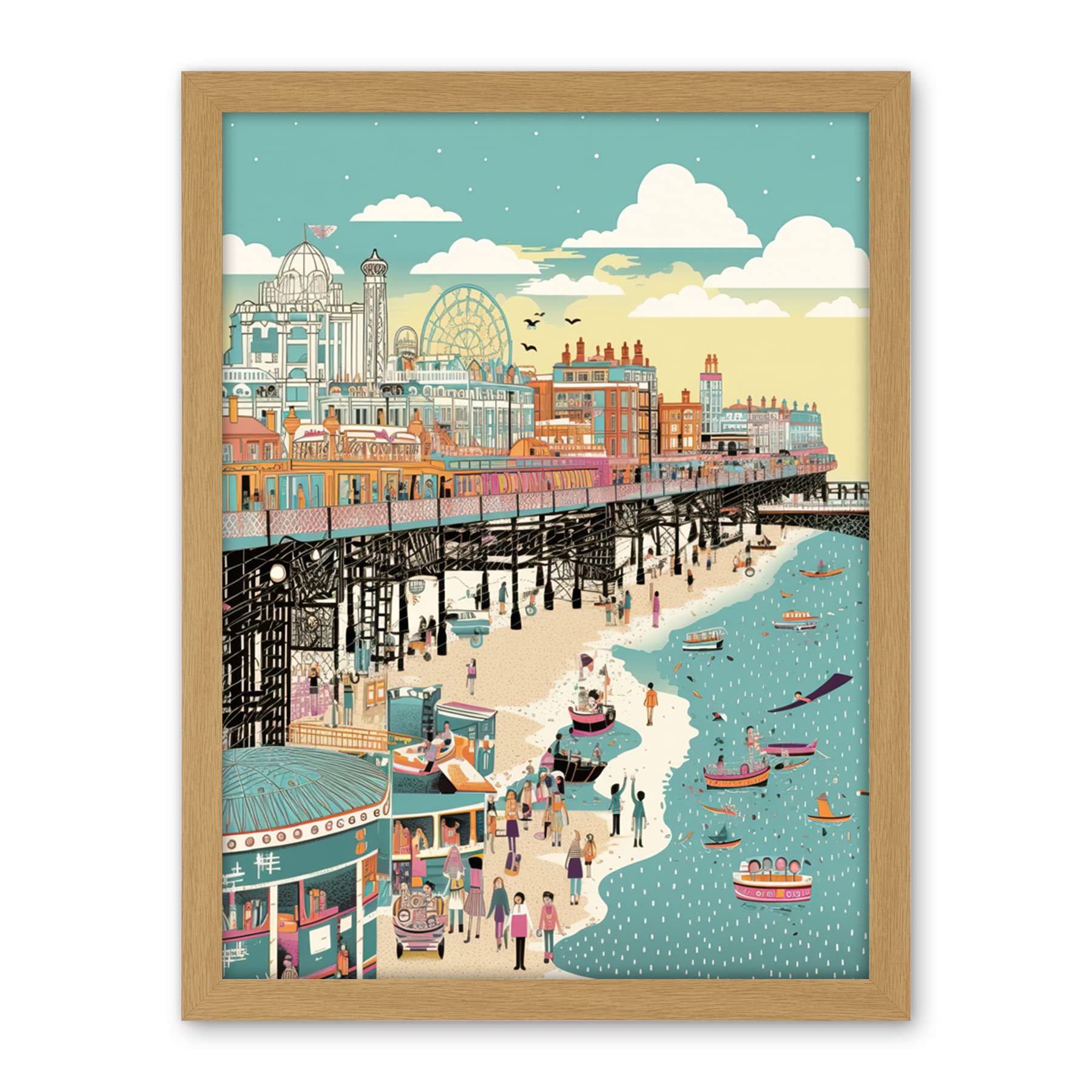 Artery8 Brighton Beach Pier and Sandy Summer Scene Artwork Framed Wall Art Print 18X24 Inch