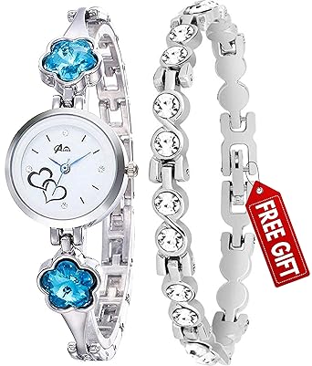 Acnos Flower Stone Blue Diamond Silver Bengle with 3 Diffrent Silver Bracelet for Girls and Women Pack of - 2