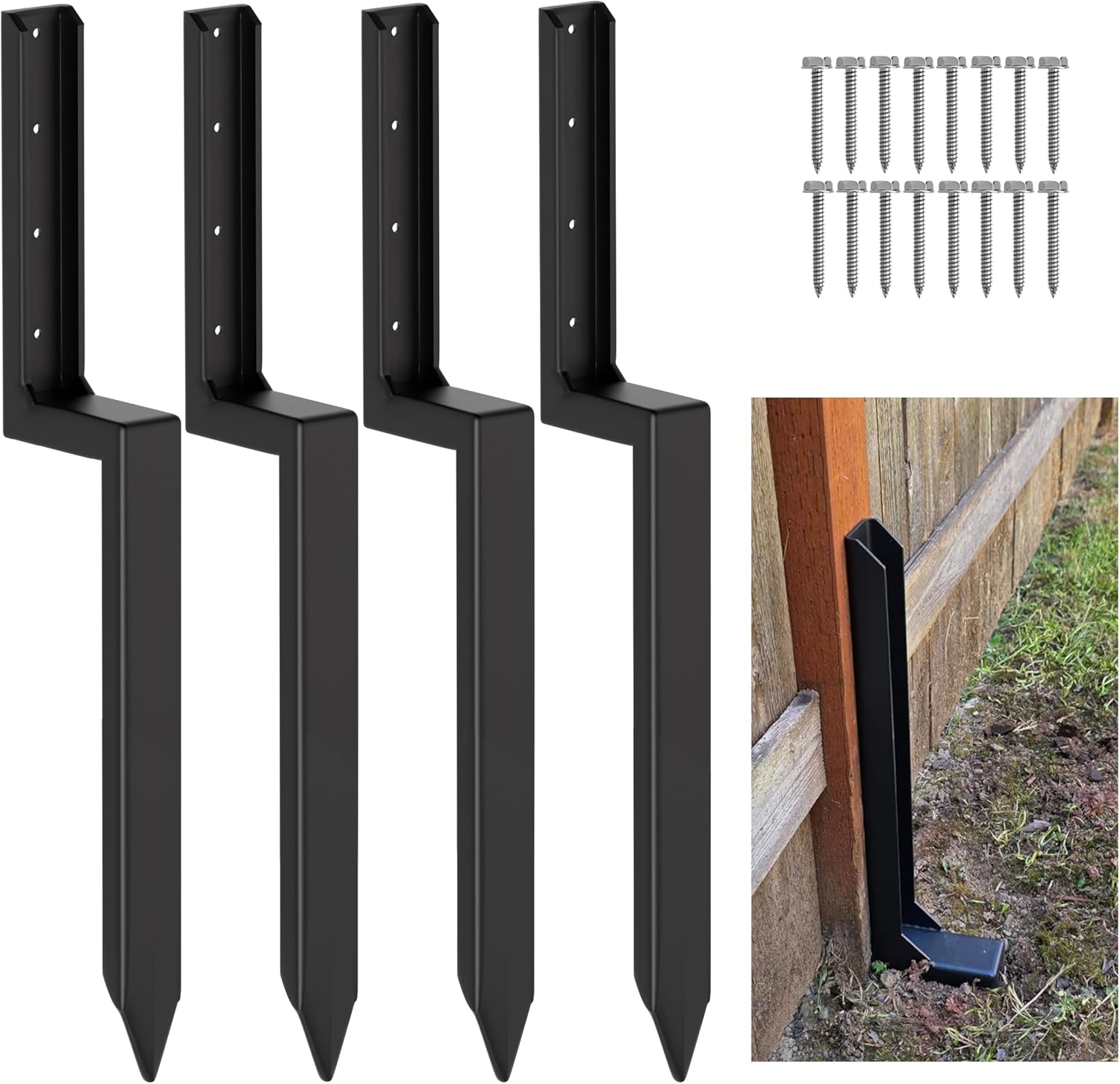 Fence Post Repair Kit, Heavy Duty 11-Gauge Steel Stakes (5.47lbs Each) with Stainless Steel Hardware, Ground Anchor Support & Stabilizer for Repairing Leaning, Broken, Wobbly Wood Fences