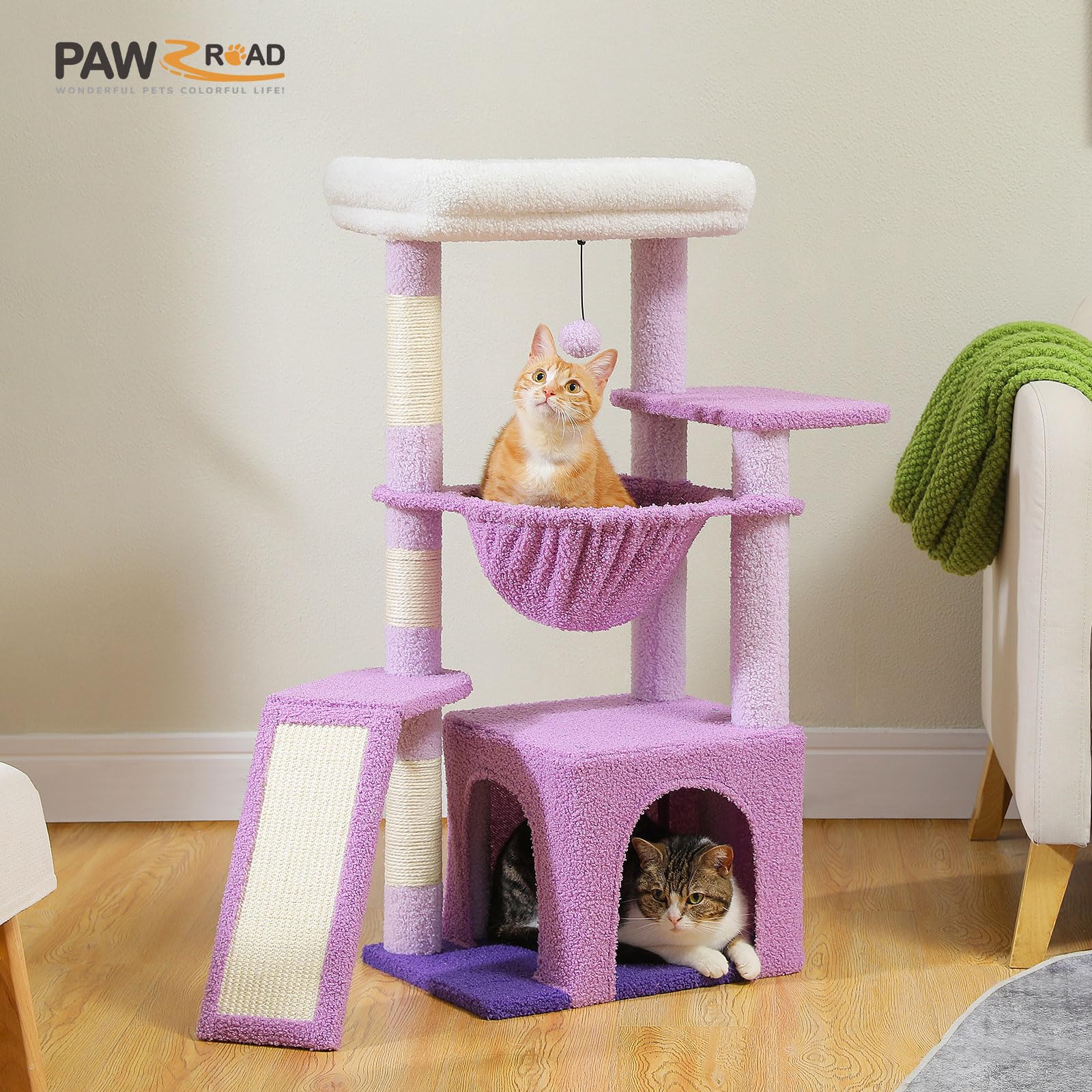 PAWZ Road, Struttura ad albero per gatti, da interni, con spaziosa cuccia, 1 piano in sisal, 3 pali tiragraffi, grande amaca e trespolo, 90 cm, viola