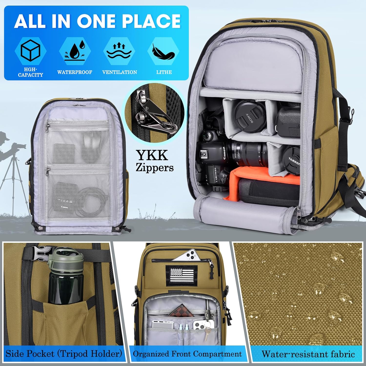 SDYSM Camera Backpack Bag Professional for DSLR/SLR Mirrorless Camera Waterproof 15.6 inch Tactical Camera Bags for Photographers with Rain Cover, Tripod Holder, Small Bag Photography Backpack Case - Image 3