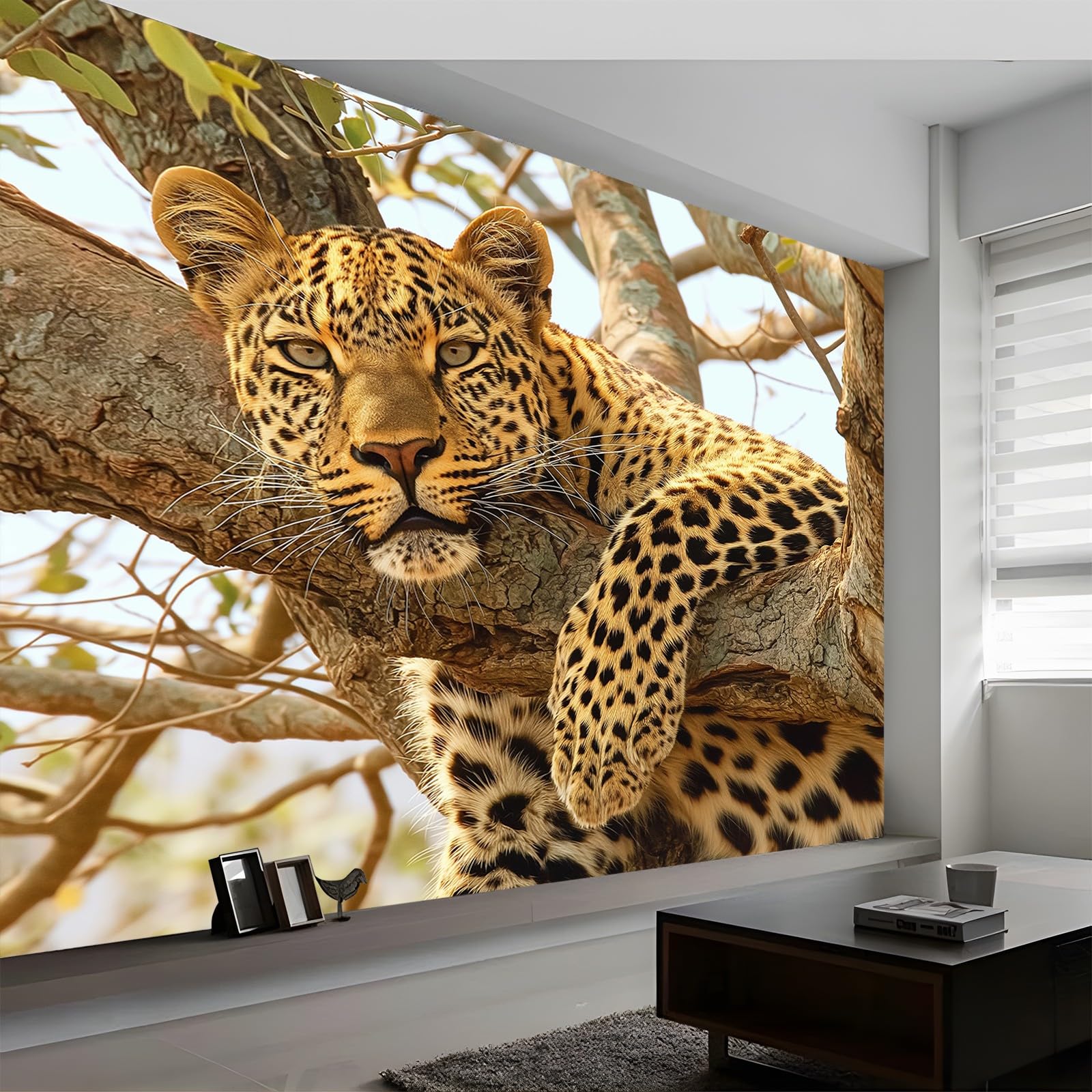 Fototapete 3D Effekt Tiere Leopard Akazie 250x175 cm Vliestapete Wohnzimmer Schlafzimmer Vlies Tapete Art Wandtapete UV-Beständig Wanddekoration Tapete