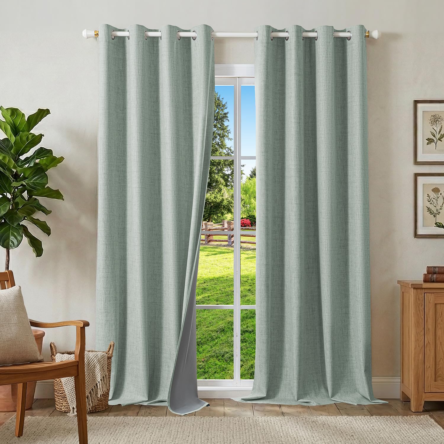 Rideau occultant thermique 140x280 cm lot de 2 vert sauge aspect lin pour salon