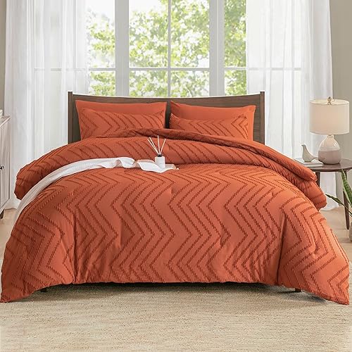 Andency Juego de edredón tamaño Queen color naranja quemado, 7 piezas de cama bohemia de terracota copetudo en una bolsa, juego de ropa de cama
