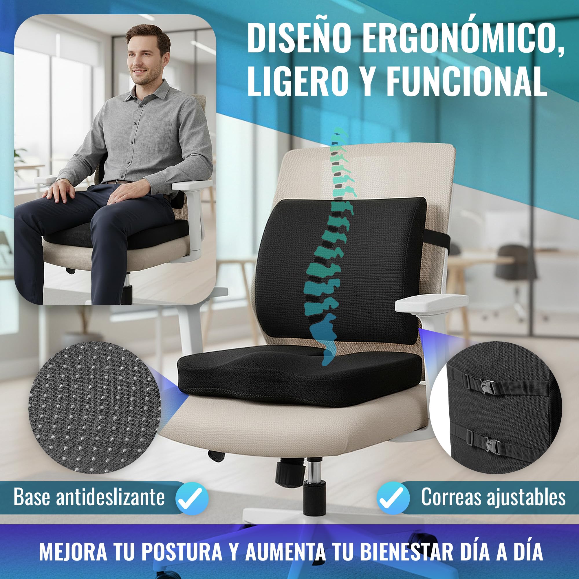 Cojin Antiescaras + Cojin Lumbar Silla Oficina, Silla de Ruedas y Coche – Viscoelástico – Cojin Coxis – Cojines Antiescaras con Funda Lavable – Cojin Silla Oficina - Cojin Lumbar Coche