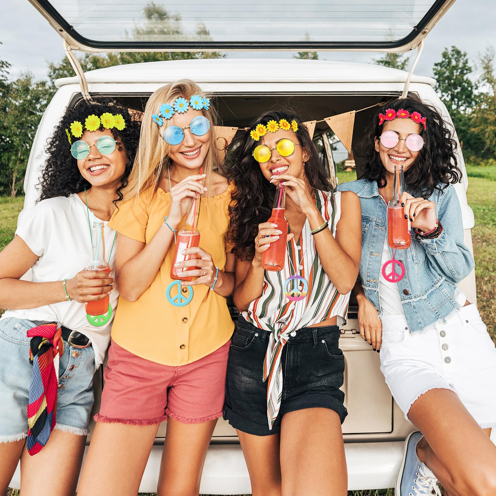 Xinnun 20 Pezzi Set di Accessori per Costume Hippie Anni '60 e '70 Fascia per Capelli con Corona di Fiori Occhiali da Sole Bracciale con Perline Collana con Segno di Pace per Disco Festa Retrò