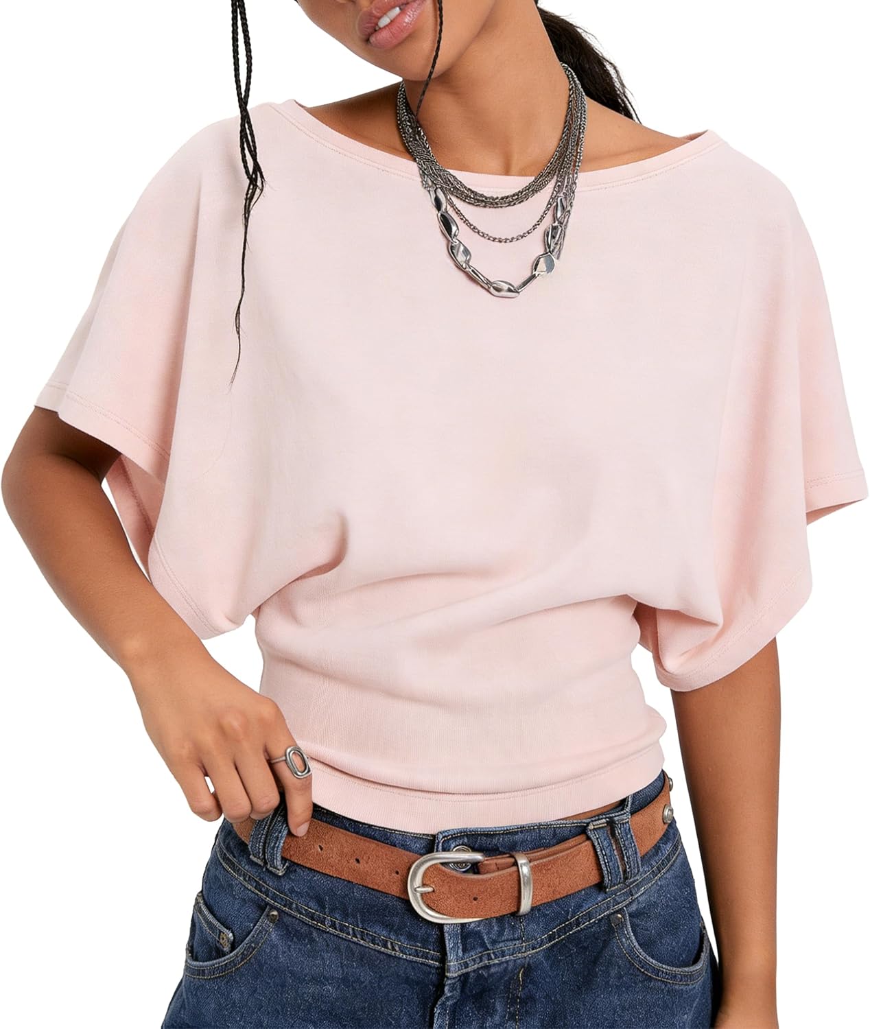 Vimida Women's Batwing Sleeve Crew Neck Color Basic Tee Cinched Waist Top Soft Casual Short Sleeve Summer Trendy Versatile