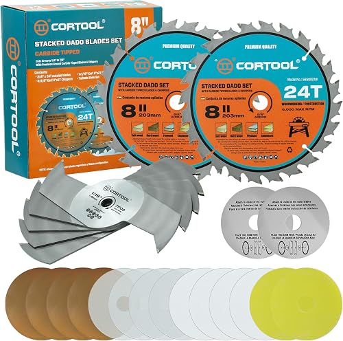 8" Dado Blade Set, 24-Tooth 5/8 Inch Arbor, Carbide Tipped Stacking Dado Set for Table Saw Blades, Fine Finished Dados, Grooves, and Rabbets, Cutting Width from 1/4" to 13/16" in 1/16"