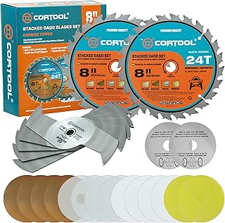 8" Dado Blade Set, 24-Tooth 5/8 Inch Arbor, Carbide Tipped Stacking Dado Set for Table Saw Blades, Fine Finished Dados, Grooves, and Rabbets, Cutting Width from 1/4" to 13/16" in 1/16"