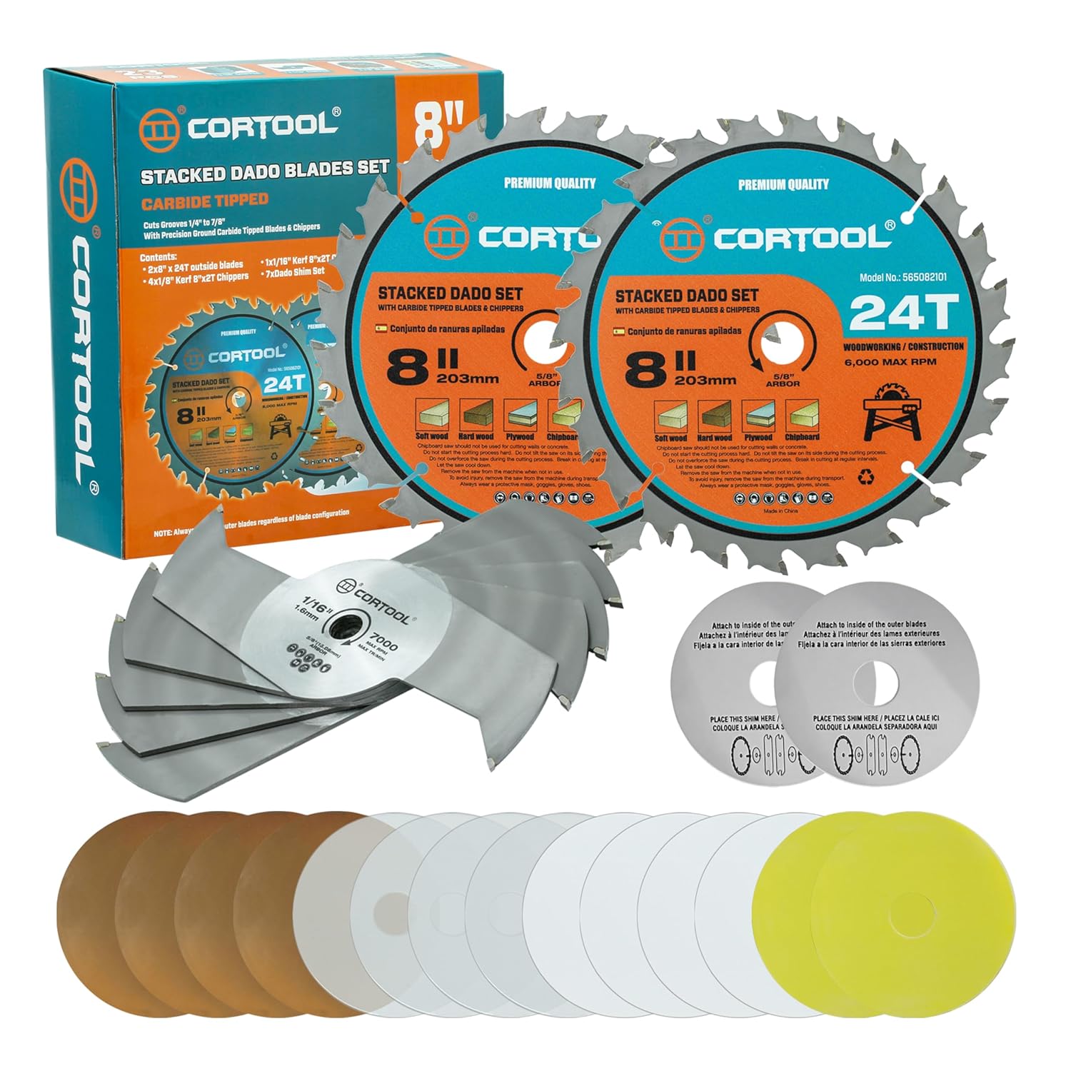 8" Dado Blade Set, 24-Tooth 5/8 Inch Arbor, Carbide Tipped Stacking Dado Set for Table Saw Blades, Fine Finished Dados, Grooves, and Rabbets, Cutting Width from 1/4" to 13/16" in 1/16"