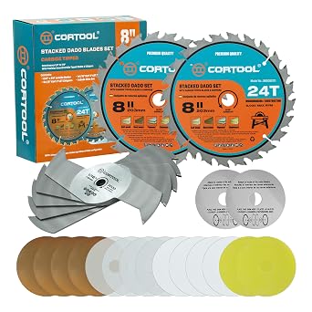 8" Dado Blade Set, 24-Tooth 5/8 Inch Arbor, Carbide Tipped Stacking Dado Set for Table Saw Blades, Fine Finished Dados, Grooves, and Rabbets, Cutting Width from 1/4" to 13/16" in 1/16"