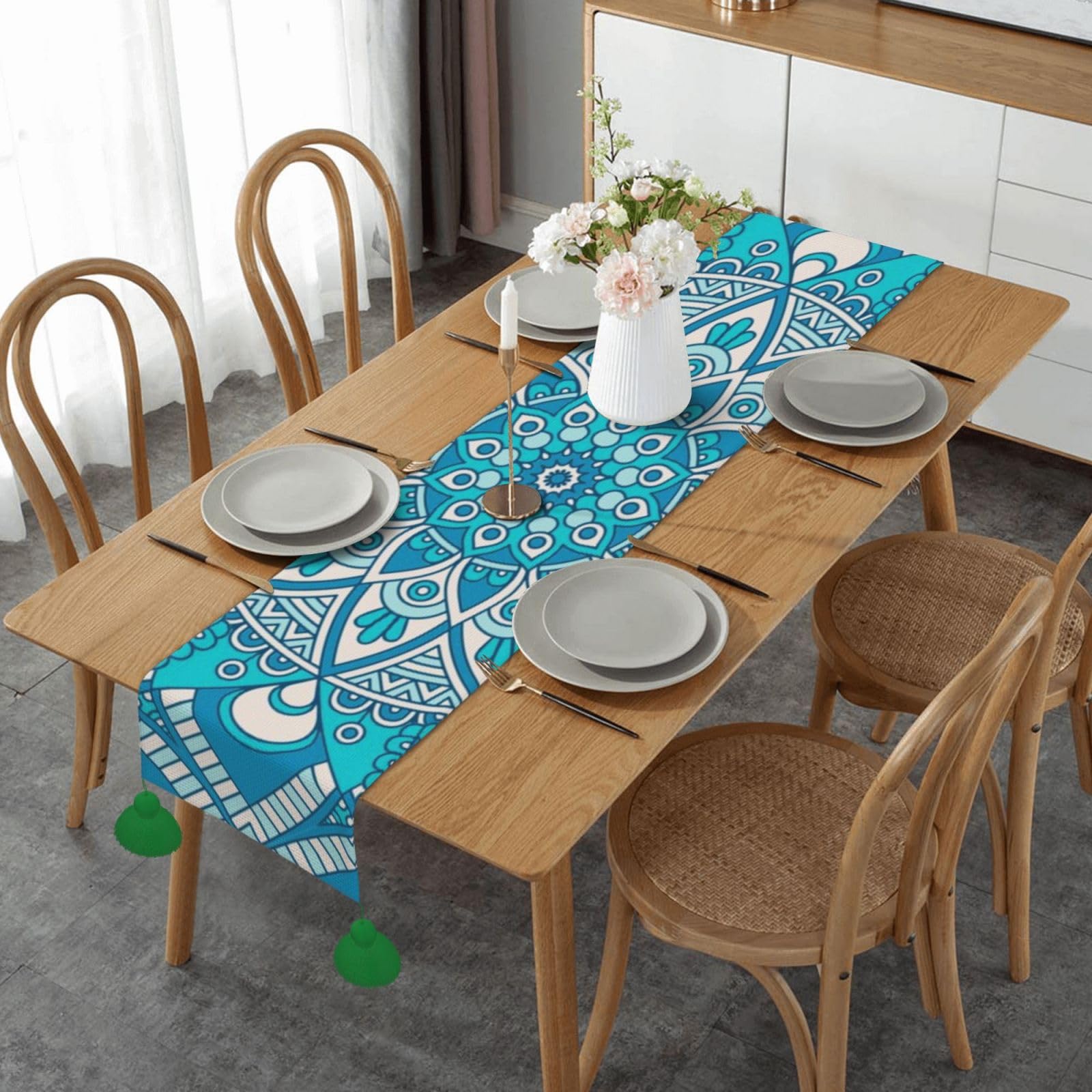 Chemin de table en lin bohème floral mandala vintage 35x152 cm