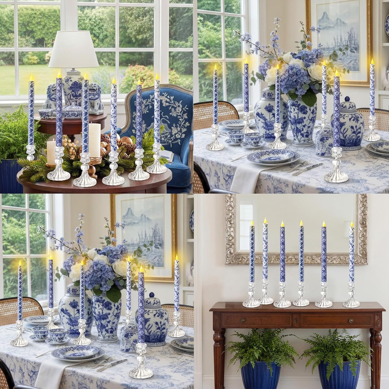 Baquler 6 Pcs Chinoiserie Flameless Candles 10.6 Inch Blue and White Battery Operated Led Candlesticks Chinoiserie Decor Porcelain for Holiday, Wedding, Party Table Centerpiece Home Decor