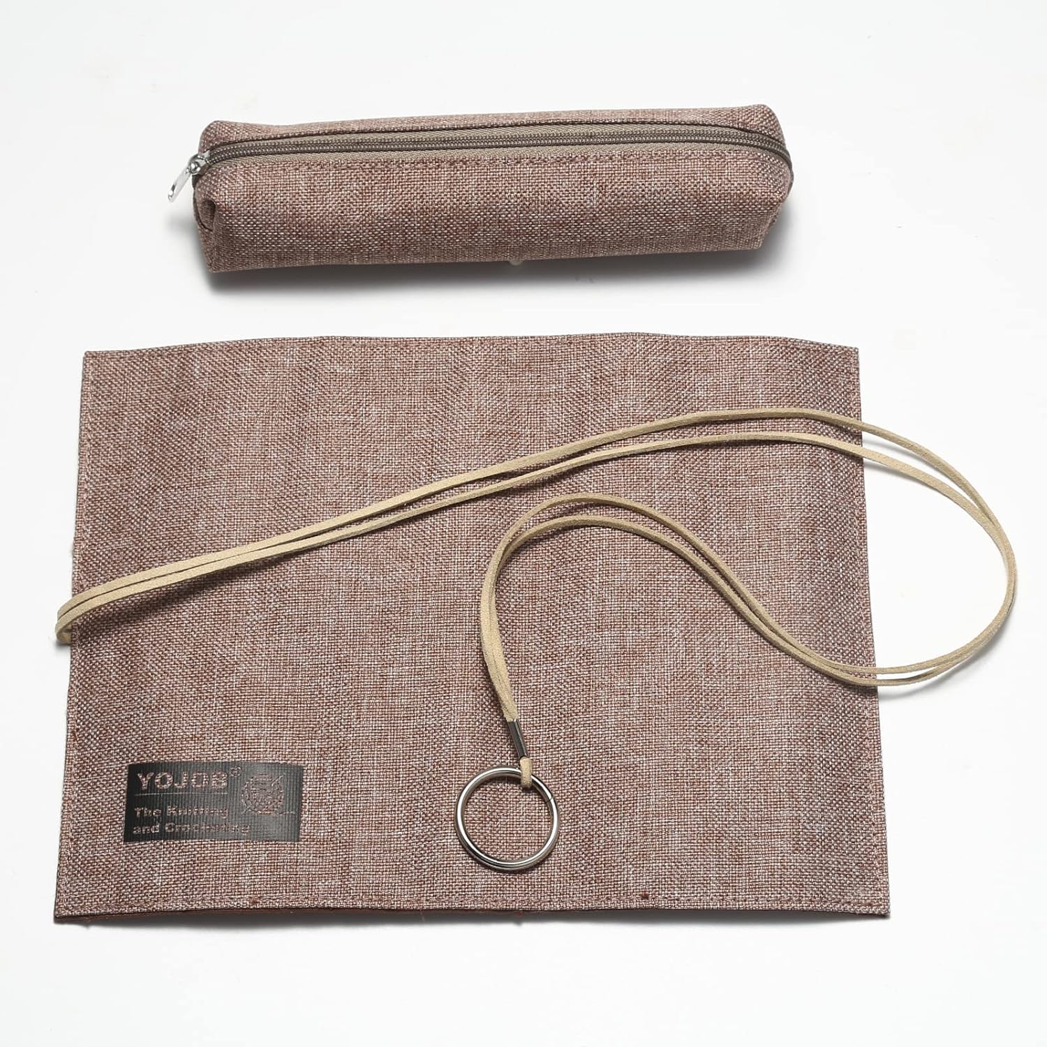 Traditional Aluminum Crochet Hooks Case, 14 Slots Roll-up Crochet Hook Organizer with a Detached Zipper Bag (Beige-Orange) - Image 5