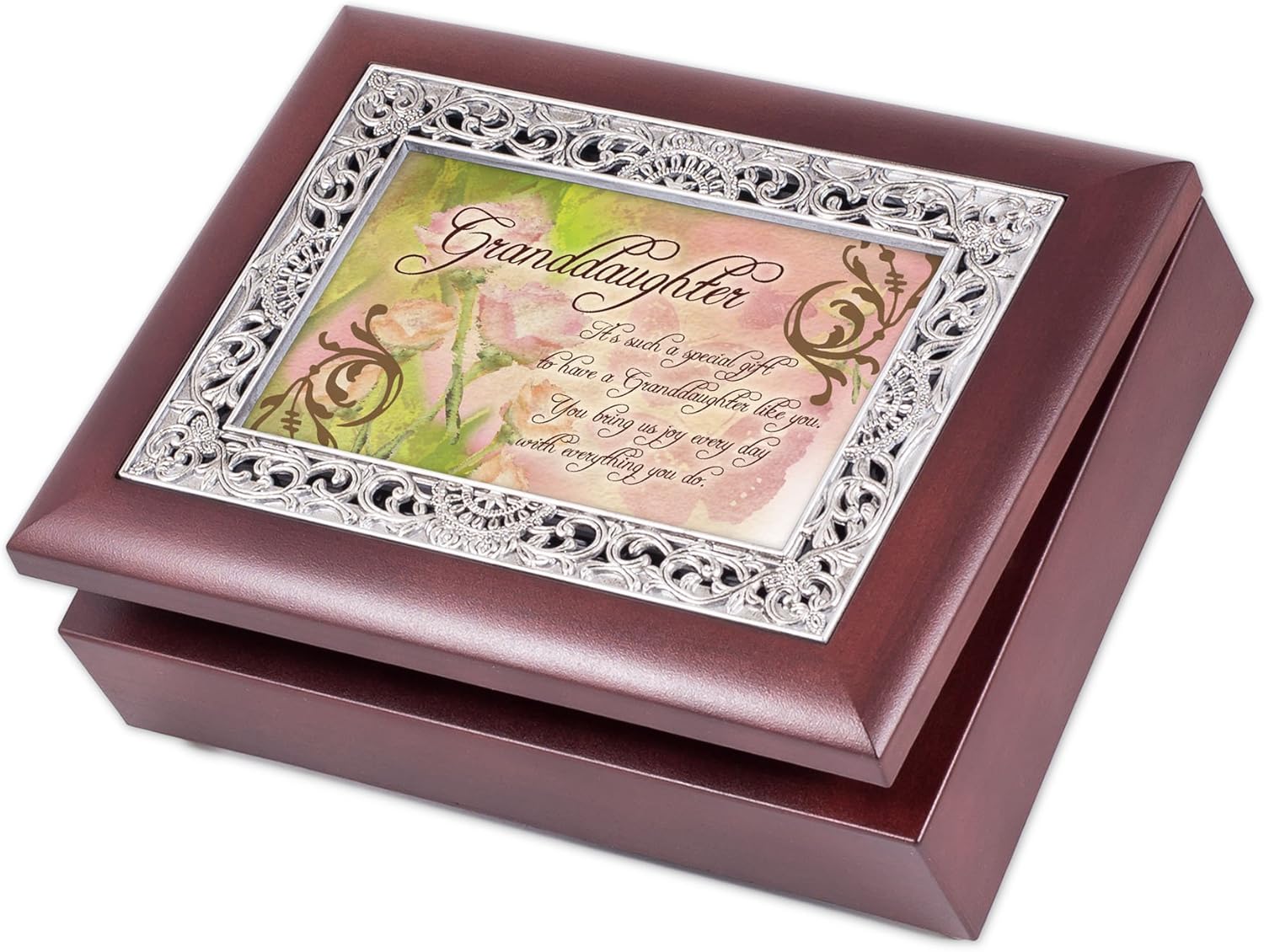 Cottage Garden Granddaughter Such a Gift Rosewood Ornate Inlay Jewelry Music Box Plays Wonderful World