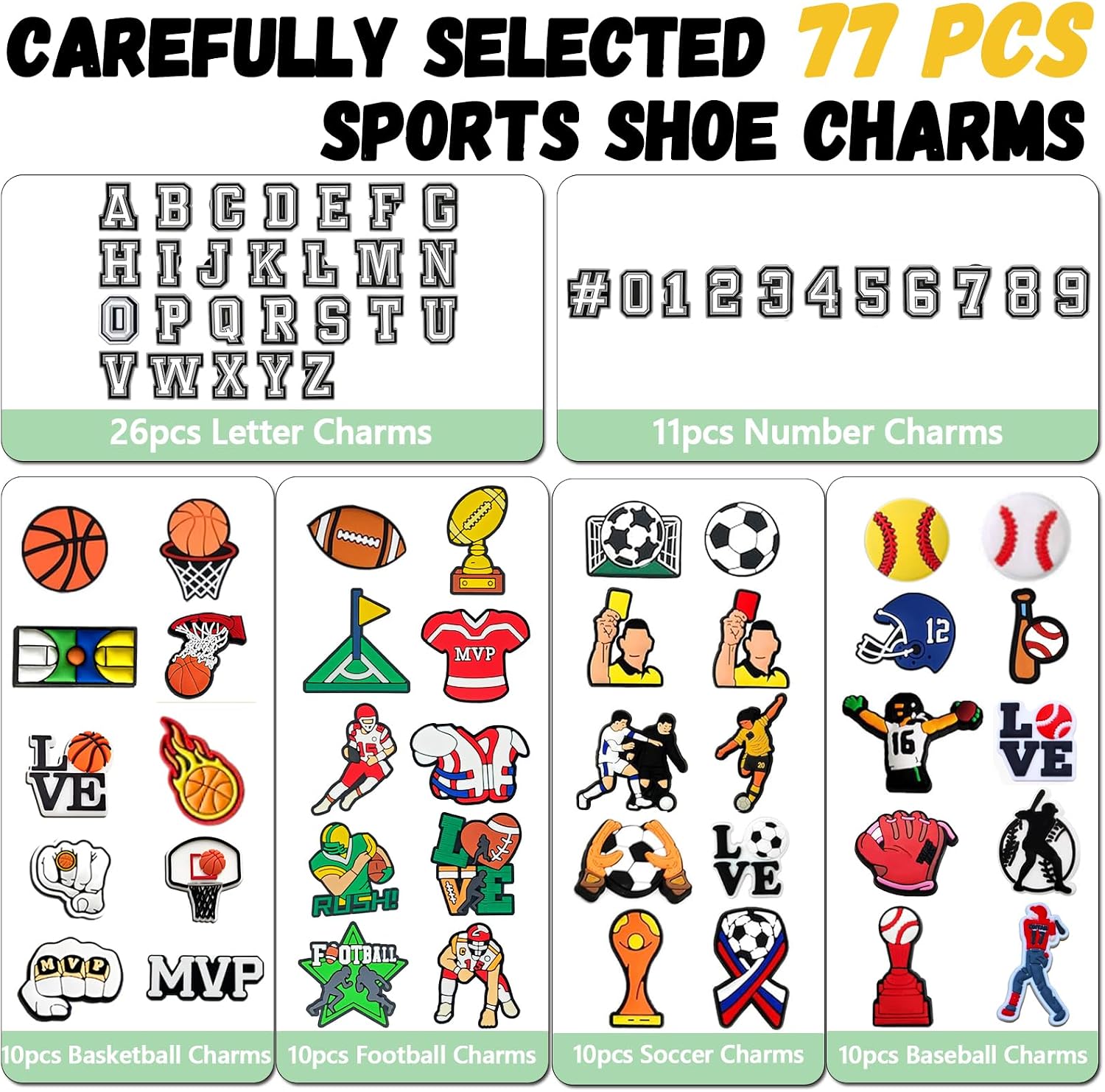 77Pcs Sports Shoe Charms, Letter Number Sport Decoration, Basketball Baseball Football Soccer Charms Accessories for Boys Kids Teens