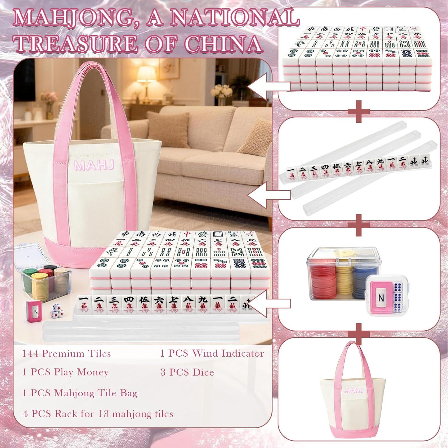 Chinese Mahjong Tiles Set,30mm 144 Mahjong Game with Portable Storage Bags, 4 Racks, Scoring, Plastic Coins Dices for Adults & Enthusiasts