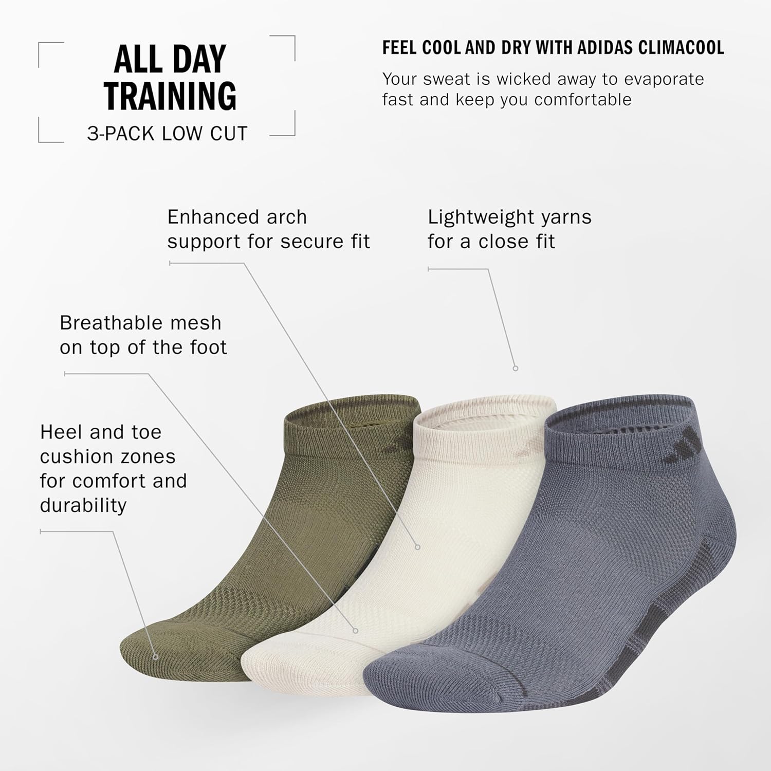adidas mens All Day Training Low Cut Socks Engineered for Sport Performance With Targeted Cushioning for Running (3-pair) - Image 3