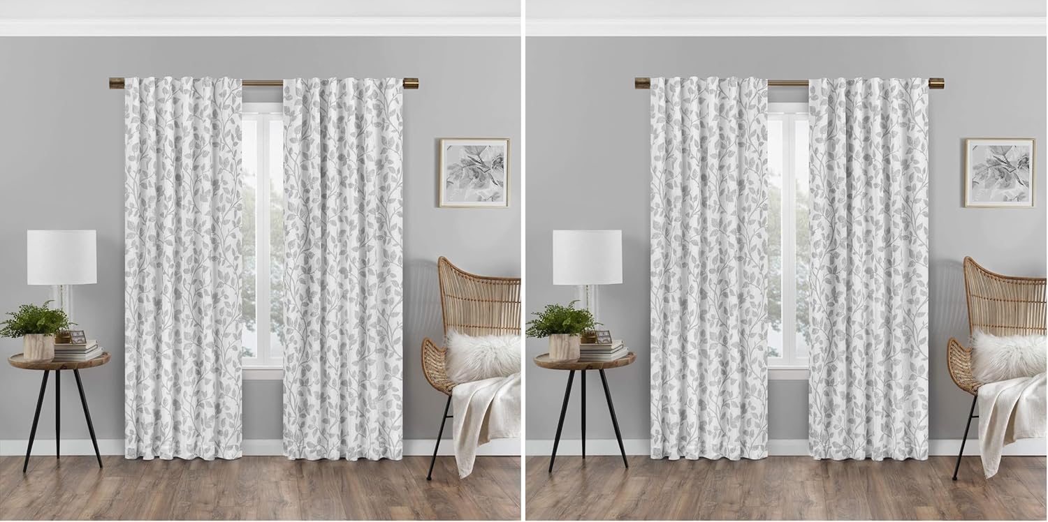 Eclipse Nora Botanical Rod Pocket Curtains for Bedroom, Single Panel, 50 in x 108 in, White (Pack of 2)