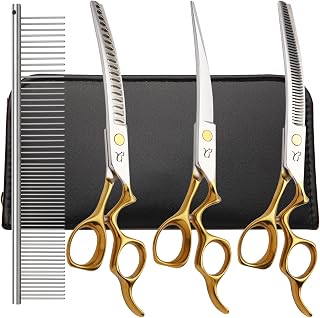 CITYWISH 4-in-1 Curved Dog Grooming Scissors Kit: Chunkers, Thinning Shears, Safety Tips for Professional Pet Trims