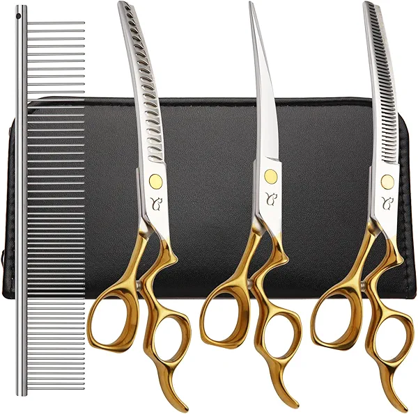 CITYWISH Dog Grooming Scissors,Curved Chunkers Shears Deg Grooming with Safety Round Tips, Sharp and Comfortable 4 in 1 Dog Scissers for Grooming