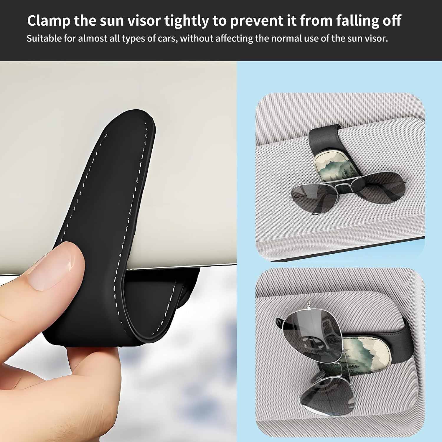 Sunglasses Holder for Car Visor, PU Leather Glasses Clip Organizer, Cute Magnetic Eyeglass Holder for Vehicle Sun Visor, Car Interior Accessory for Women & Men Misty Mountain Forest image 5