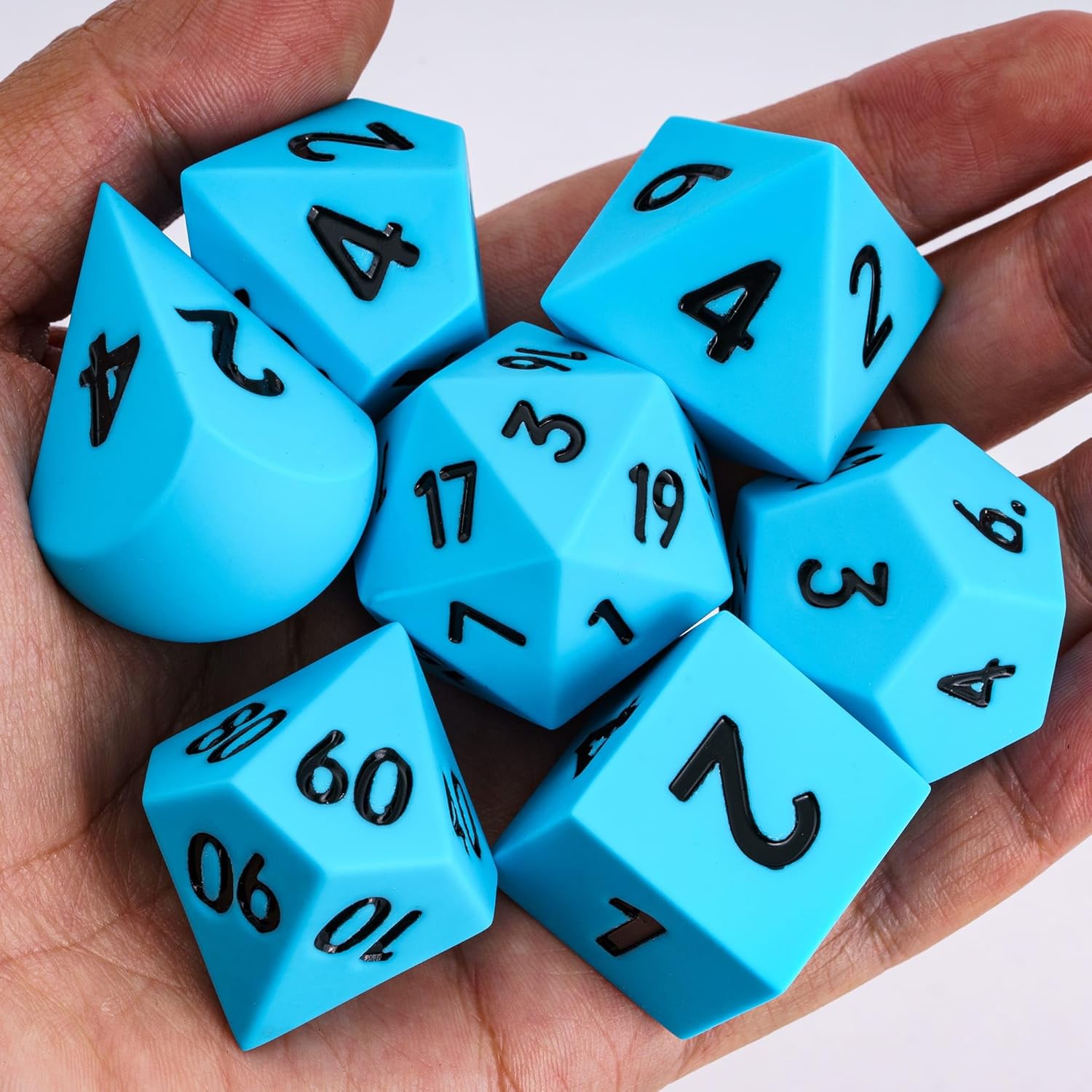 7-Piece Jumbo Silicone DND Dice Set, 25mm Oversized Dice D&D Dice, Round Edges Soft Perfect Bouncer for D&D RPG Bar Pub Club Party Games(Blue w/Black Numbers)