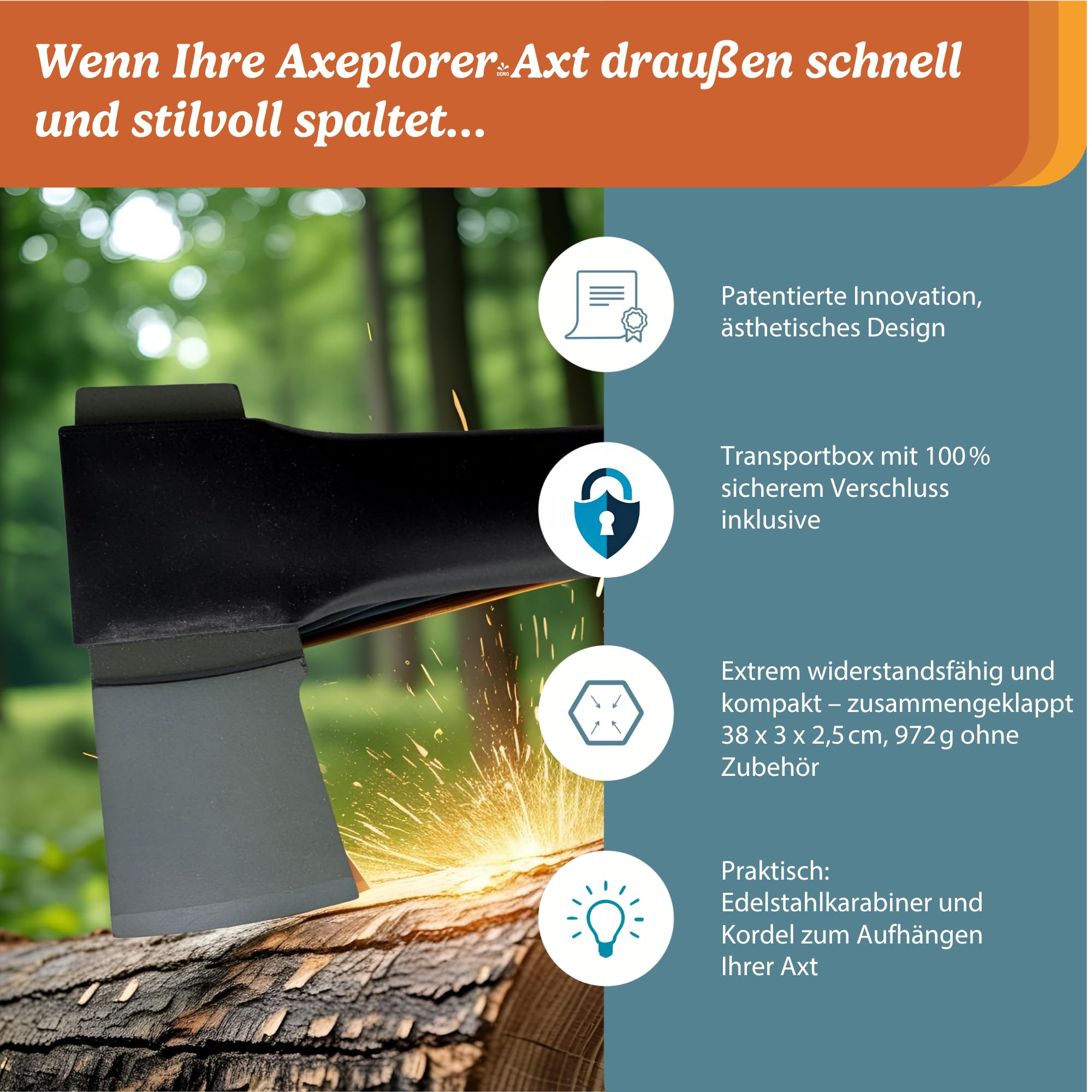 Axeplorer Axt 38 cm Bushcraft Spaltaxt mit Carbonstahlklinge, rutschfestem Griff, Klingenschutz, Karabiner & Seil – Camping Outdoor Beil, Survival Machete, Vanlife Werkzeug, holzspalter axt