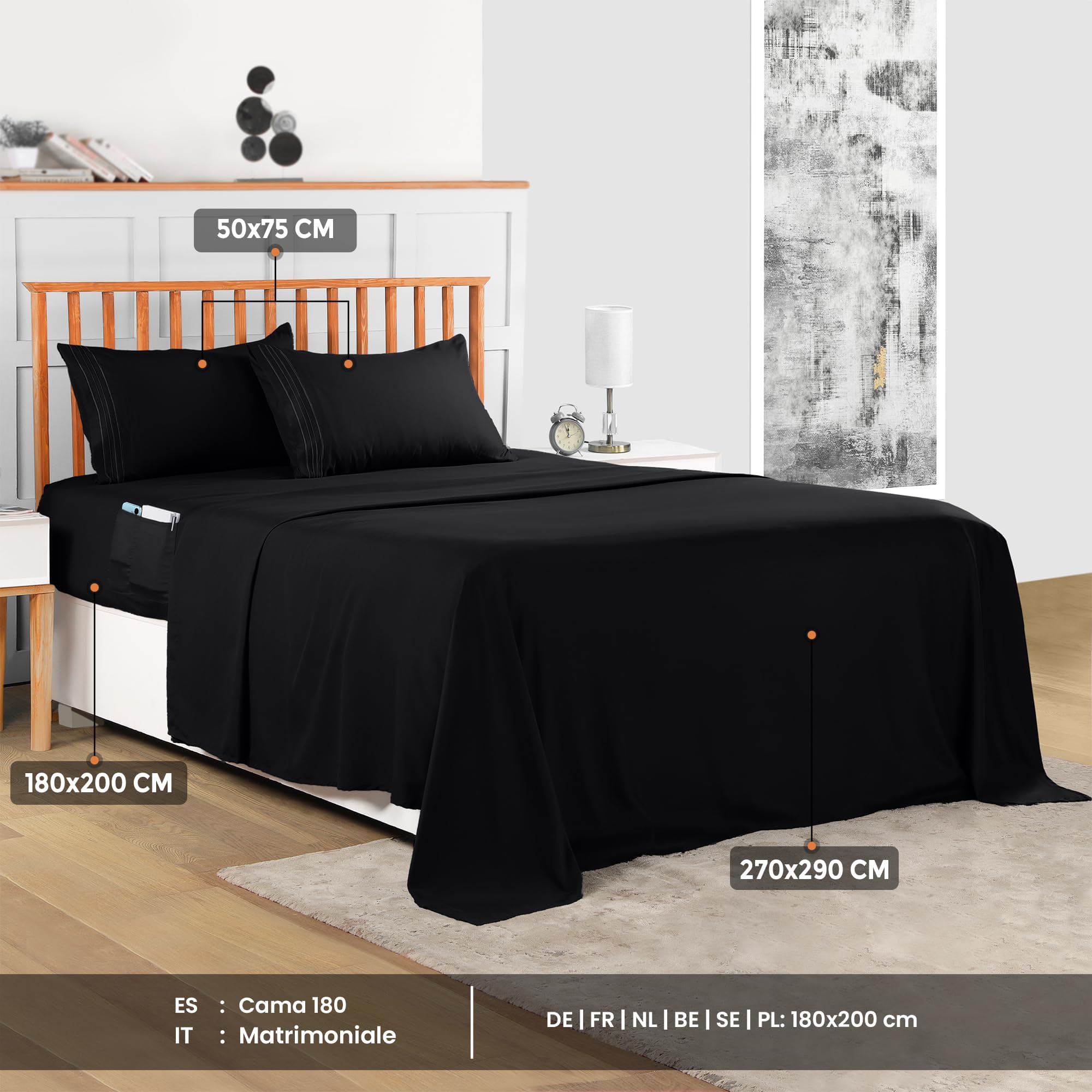 Utopia Bedding Set Lenzuola Matrimoniali 4 Pezzi 180x200 cm - Microfibra di Poliestere - Lenzuolo con Angoli con Tasche Portaoggetti, Lenzuolo Piatto e 2 Federe Ricamate, Nero
