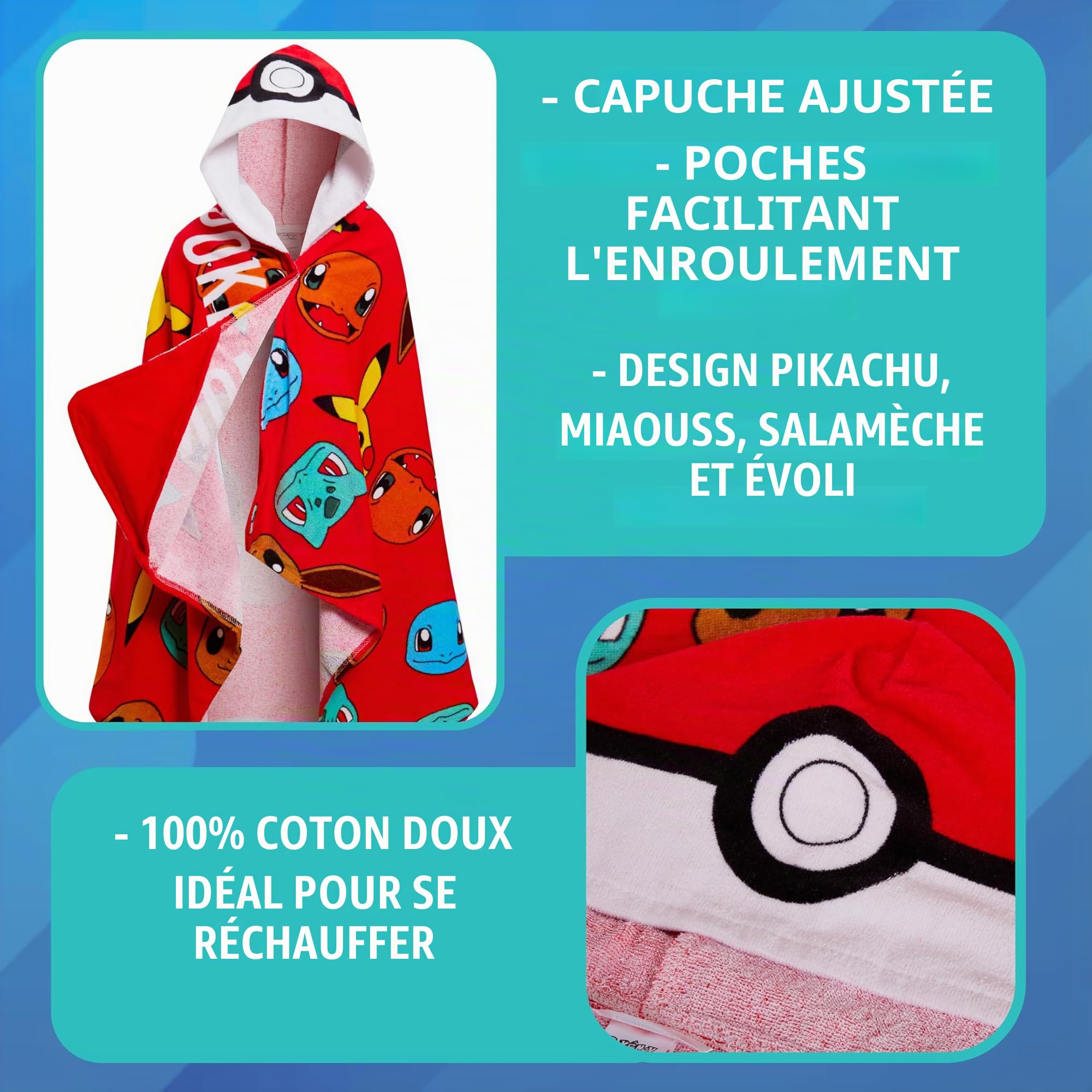 Pokémon Serviette à Capuche 100% Coton pour Enfants - Poncho Pokeball Pikachu - Serviette de Plage et Bain - Wrap à Langer